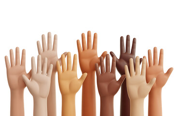 Diverse hands raised upwards, symbolizing unity, hope, and collective action among various skin tones.