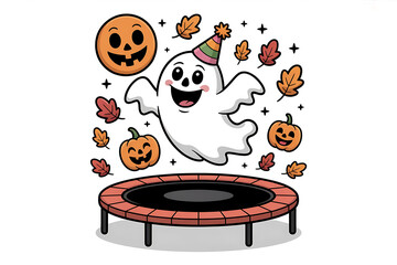 Festive ghost bounces joyfully amid pumpkins, leaves, and Halloween decorations, celebrating autumn.