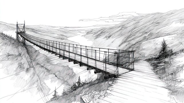 Suspension bridge spans a gorge; illustration with pencil shading and light perspective