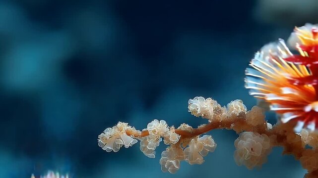 Vibrant Christmas Tree Worms Underwater macro shot with vivid red and orange spiral tentacles against a dark blue ocean