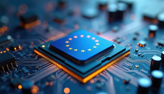 Central processing unit with EU flag on microchip. Digital transformation concept, ai, data privacy, cybersecurity, technology. Focus on innovation, future, business, economy. EU digital regulation