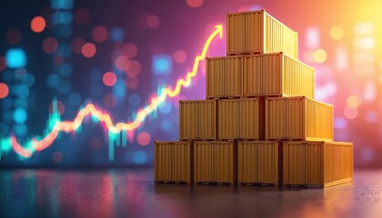 Shipping containers stacked with upward trend chart. Illustrates global trade, economic growth, import, export. Business logistics, finance, investment, cargo transportation. Economic statistics,