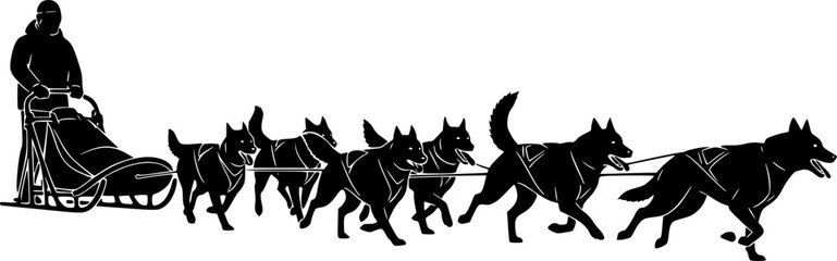Dog sled silhouette. This image portrays a team of dogs pulling a sled, also referred to as dog mushing or sled racing. Vector clipart black illustration design.