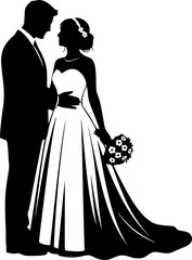 Fototapeta premium Couple wedding silhouette. This image features a bride and groom standing together in elegant wedding attire, symbolizing love and commitment. Vector clipart illustration design.
