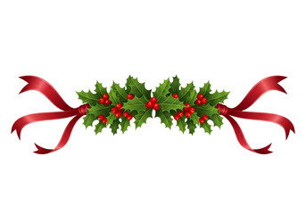 Festive christmas holly garland with red ribbon bows isolated on transparent background