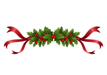 Festive christmas holly garland with red ribbon bows isolated on transparent background