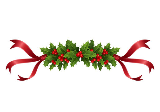 Festive christmas holly garland with red ribbon bows isolated on transparent background