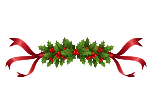 Festive christmas holly garland with red ribbon bows isolated on transparent background