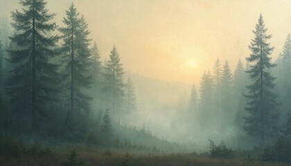 Misty forest landscape with tall evergreen trees creating serene, atmospheric scene. Soft, blurred background with golden sunrise light filtering through fog. Muted colors of green, tan, grey evoke
