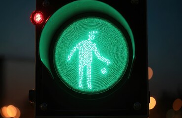Pedestrian crossing signal shows green walking man. Red light visible on top. Evening scene with blurred city lights. Symbol of safety, traffic control, and urban navigation.