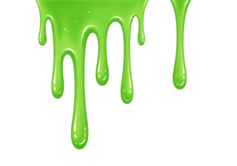 Bright green viscous liquid dripping and flowing down in strands isolated on transparent background