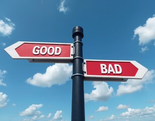 Road sign showing opposite directions GOOD and BAD against blue sky. Two way road sign with decision concept. Choice of paths, right or wrong. Business, career, life guidance.