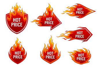 Collection of fiery hot price sale tags and labels with flames isolated on transparent background