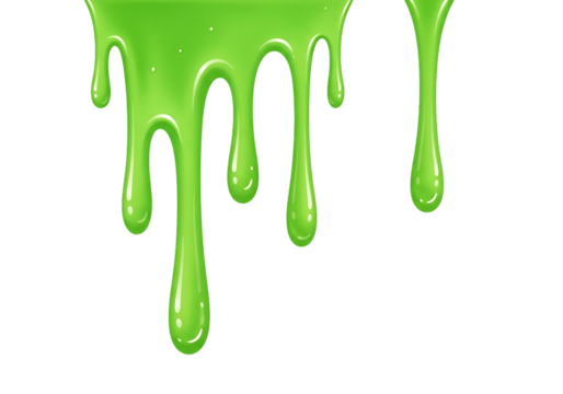 Bright green viscous liquid dripping and flowing down in strands isolated on transparent background