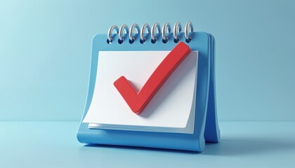 Blue 3D calendar illustration with red checkmark on white paper page. Symbolizes planning, events, reminders, business tasks, and deadlines. Represents completion, organization, and important dates.