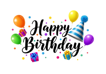 Festive birthday party elements including balloons gifts and a party hat isolated on transparent background
