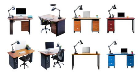 Modern Desk Setup in Various Styles and Colors for Office Use, isolated on transparent background