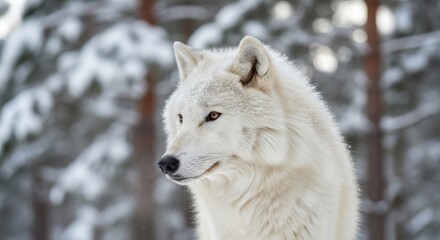 Side Profile Portrait of a White Arctic Wolf in Snowy Winter Forest Setting
