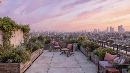 Rooftop garden at sunset with city skyline and seating - Powered by Adobe