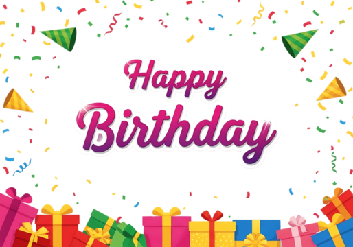 Happy birthday text with colorful confetti and gift boxes isolated on transparent background