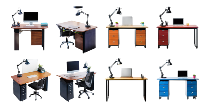 Modern Desk Setup in Various Styles and Colors for Office Use, isolated on transparent background