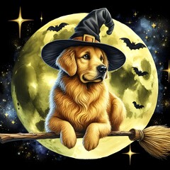 Golden retriever wearing a witch hat, riding a broomstick across the moon