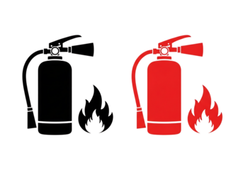 Red fire extinguisher and flame icon symbolizing fire safety and emergency response isolated on transparent background