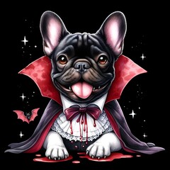 French bulldog dressed as a vampire with a tiny cape and fangs.
