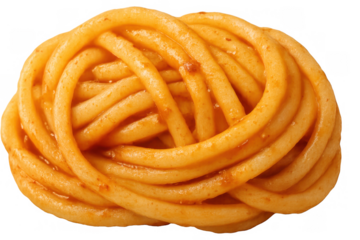 Cooked spaghetti pasta nest with tomato sauce, traditional italian food presenting carbohydrates, on transparent background