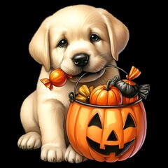 Labrador puppy holding a pumpkin candy bucket in its mouth.