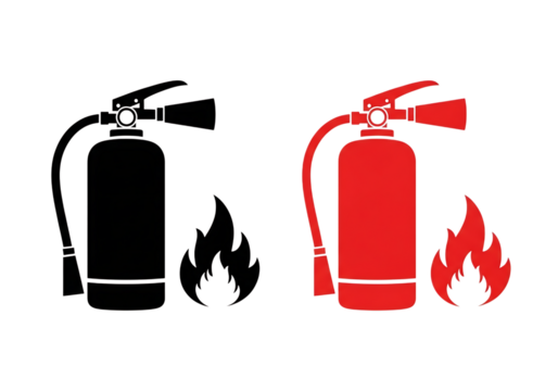 Red fire extinguisher and flame icon symbolizing fire safety and emergency response isolated on transparent background