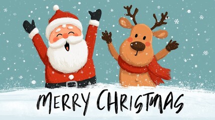 Generative AI, Cartoon Art of Cute Santa and Reindeer Having a Whimsical Snowball Fight