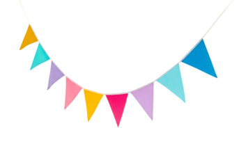 Colorful fabric bunting flags strung on a white cord for decoration isolated on transparent background
