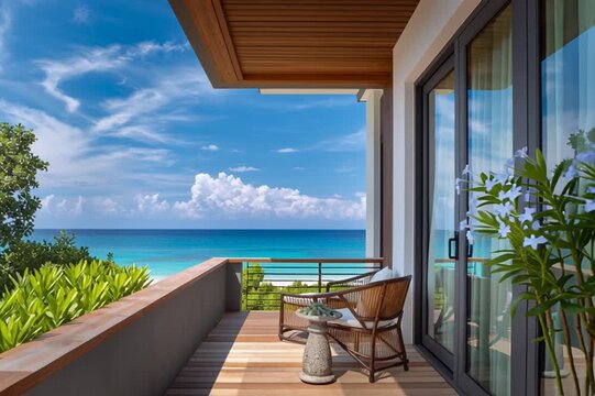 teak balcony in a beachfront villa, weather-resistant, coastal design, surrounded by blue plumbago