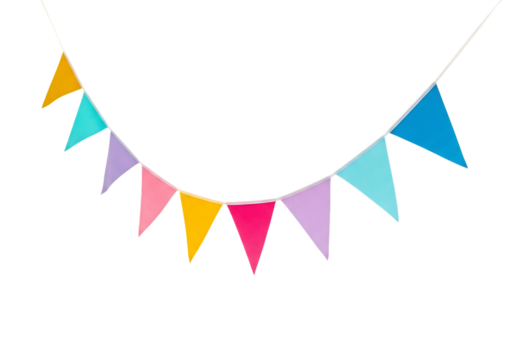 Colorful fabric bunting flags strung on a white cord for decoration isolated on transparent background