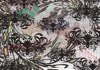 Abstract backdrop with geometric elements and butterfly wings. Dark wavy backdrop for business concepts, covers, fabric, interior solutions, tiles, prints on T-shirts, textiles, dynamic posters, etc. 