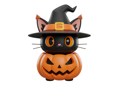 Cute cartoon black cat wearing a witch hat stacked on a carved pumpkin isolated on transparent background - Powered by Adobe