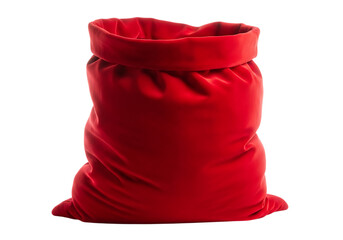 A plush red velvet santa claus gift bag with a drawstring top isolated on transparent background