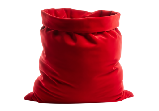 A plush red velvet santa claus gift bag with a drawstring top isolated on transparent background