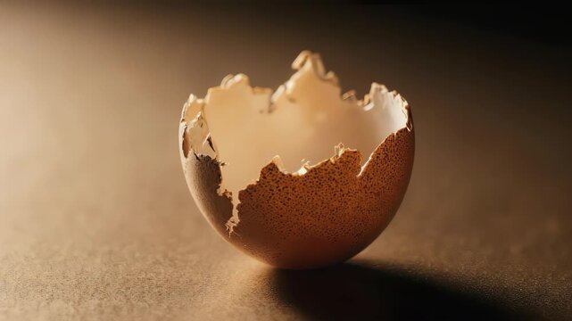 A close-up of a broken eggshell with a textured surface on a brown background