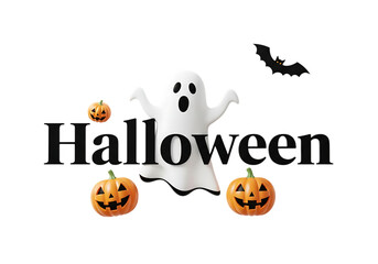 Spooky white ghost with carved pumpkins and a bat on a black background isolated on transparent background