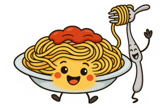 Happy cartoon spaghetti plate with tomato sauce and a smiling fork eating pasta, transparent background