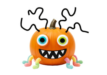 Cute halloween monster made from an orange pumpkin with googly eyes and candy legs isolated on transparent background
