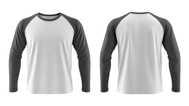 Plain White Body and Dark Gray Long Sleeve Raglan T-Shirt Mockup Front and Back Views 3D Rendering on transparent background