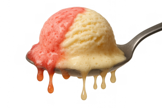 Melting vanilla and strawberry ice cream scoop dripping from a metal spoon, inviting sweet summer refreshment on transparent background