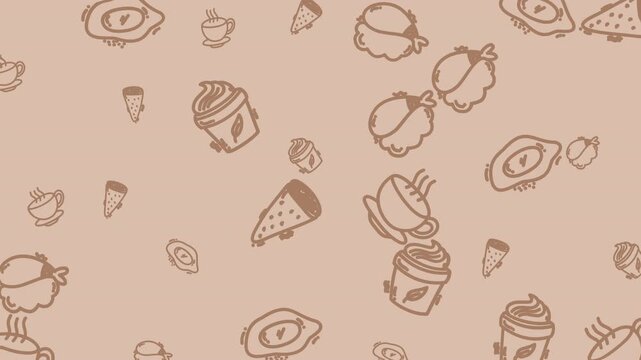 Soft beige background with whimsical art pastries croissants, donuts, cones, and cakes, repeating in a playful pattern
