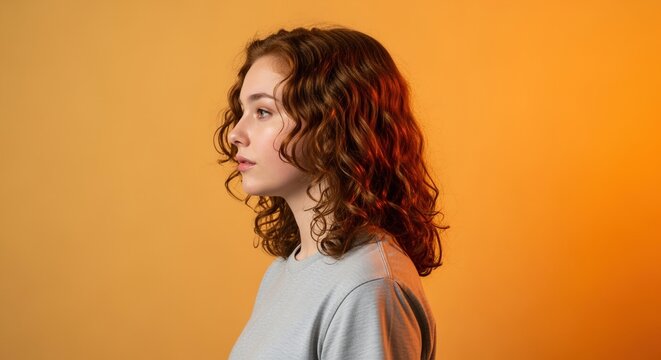 Side Profile of Young Woman With Curly Hair Against a Warm Orange Background in a Studio