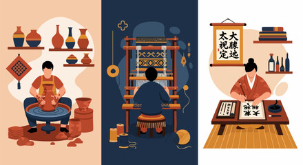 Artisans creating traditional crafts pottery weaving and calligraphy in their studios
