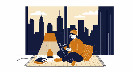 Person reading a book by the window with a city skyline view at home relaxing
