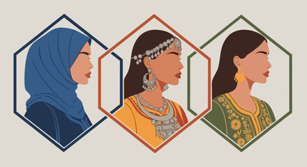 Diverse women in traditional clothing representing cultural heritage and beauty